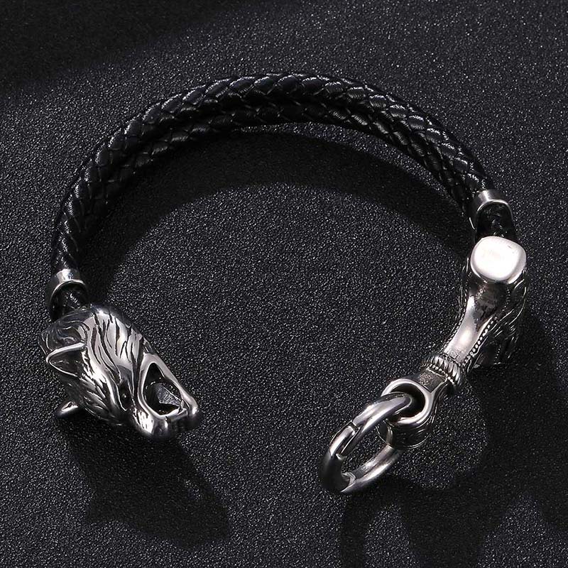 Mythstone Wolf Head Titanium Steel Leather Weave Blessing Bracelet