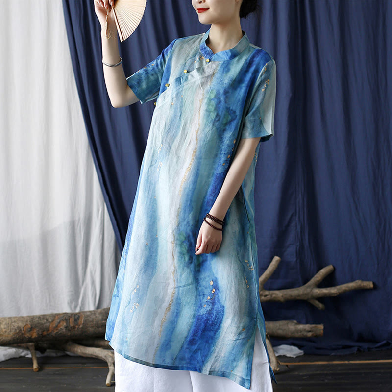 Mythstone Ramie Blue Digital Printing Cheongsam Dresses Short Sleeve Linen Dress