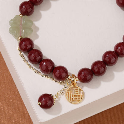 Mythstone Cinnabar Fu Character Hetian Jade Lucky Four Leaf Clover Blessing Bracelet