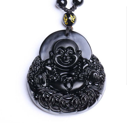 Collar con colgante de protección y fuerza de obsidiana negra con Buda sonriente de piedra mitológica 