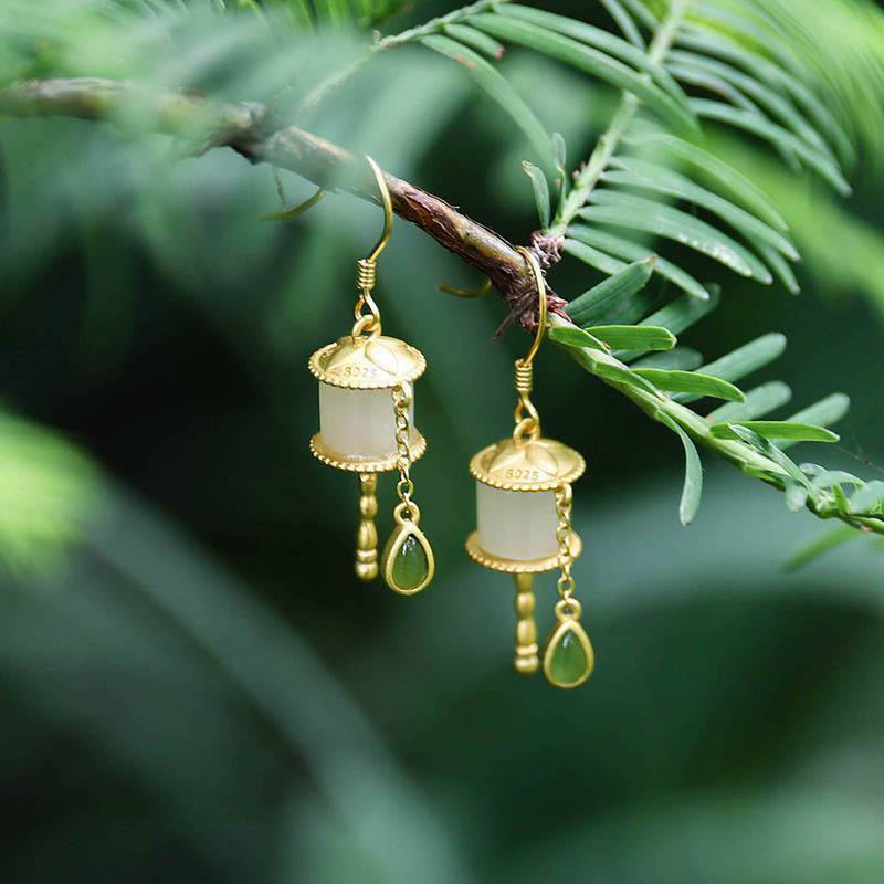 Mythstone 925 Sterling Silver Jade Prayer Wheel Luck Drop Earrings