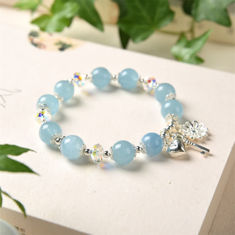 Mythstone 925 Sterling Silver Natural Aquamarine Serenity Flower Love Key Charm Bracelet