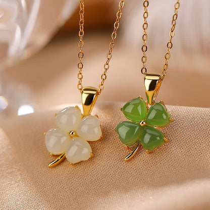 Mythstone 925 Sterling Silver Hetian White Jade Cyan Jade Luck Four Leaf Clover Happiness Necklace Pendant