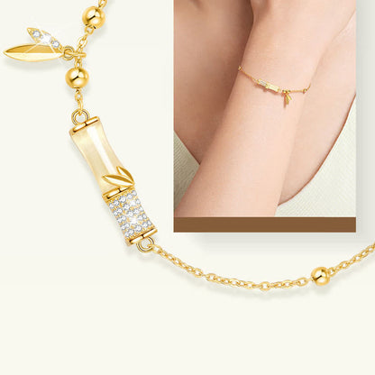 Mythstone 925 Sterling Silver 18K Gold Plated White Jade Bamboo Zircon Leaf Luck Bracelet