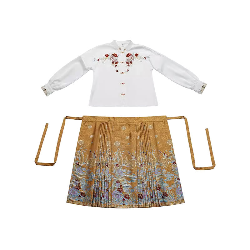 Mythstone Golden Flower Phoenix Embroidery Long Sleeve Shirt Top Chinese Hanfu Ming Dynasty Horse Face Skirt Mamianqun Skirt