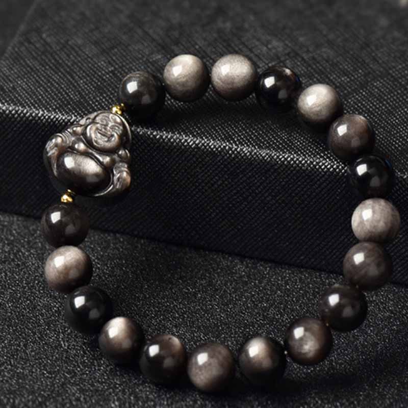 Mythstone Silver Sheen Obsidian Lotus Flower Nine Tailed Fox Laughing Buddha Protection Bracelet