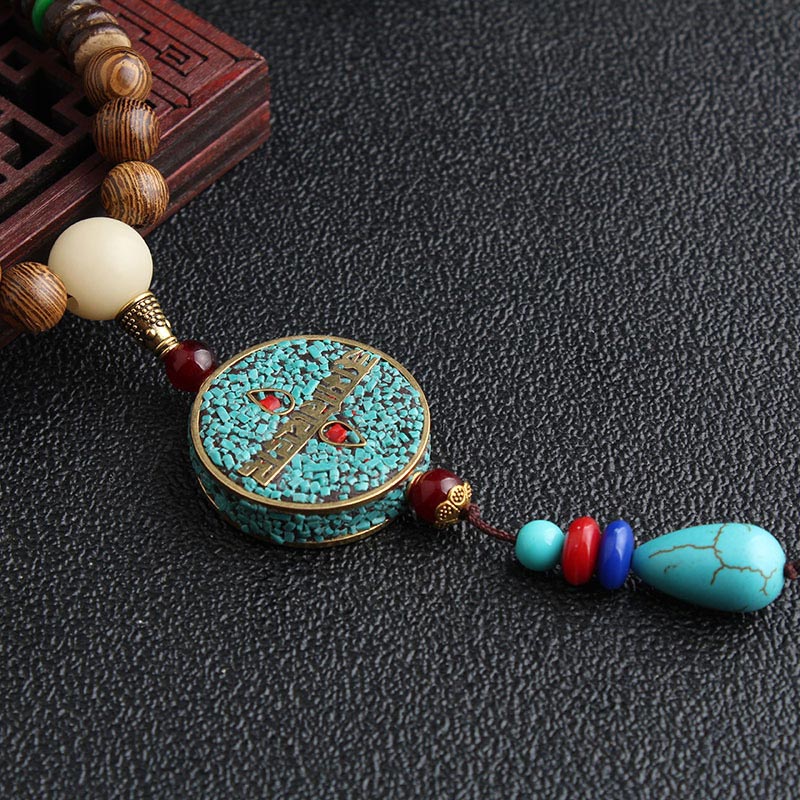 Mythstone Turquoise Dzi Bead Prayer Wheel Wenge Wood Meditation Necklace