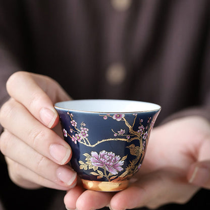 Mythstone Golden Magpie Peony Flower Ceramic Teacup Kung Fu Tea Cup