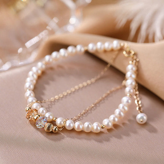 Mythstone 925 Sterling Silver 14K Gold Plated Natural Pearl Crystal Healing Double Layer Bracelet