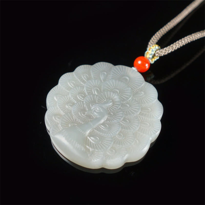 Mythstone White Jade Peacock Protection Blessing Necklace Pendant