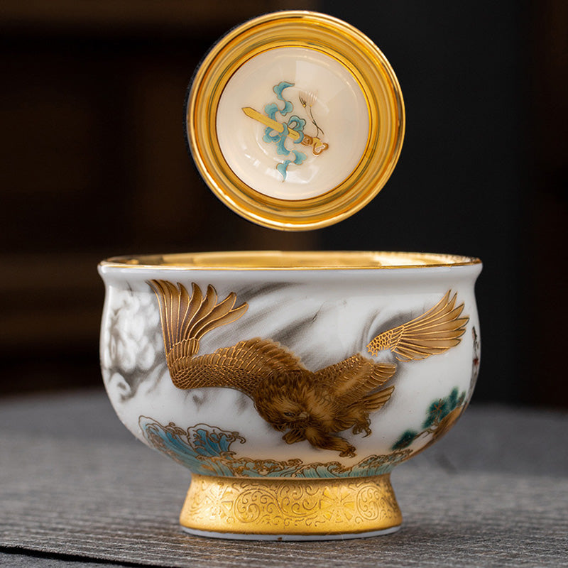 Mythstone Golden Eagle Auspicious Dragon Sun Ocean Waves Gilt Ceramic Teacup Kung Fu Tea Cup