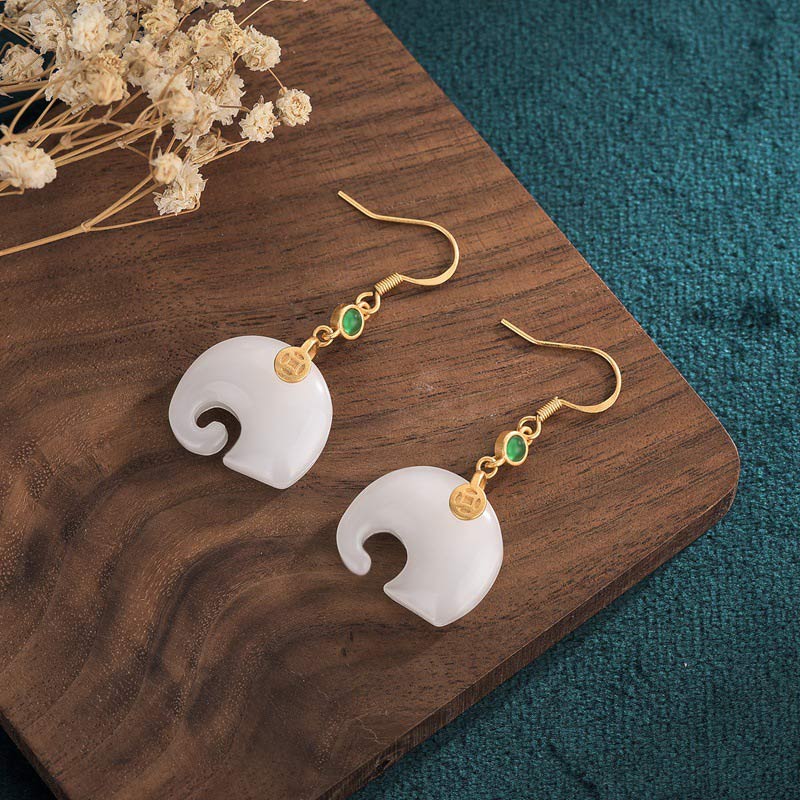 Mythstone FengShui Elephant White Jade Fortune Earrings