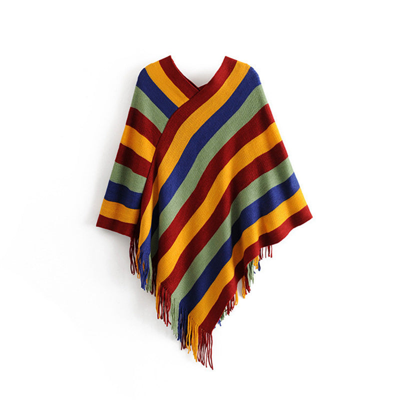 Mythstone Tibetan Colorful Striped Design Shawl Tassels Pullover Winter Cozy Travel Scarf Wrap