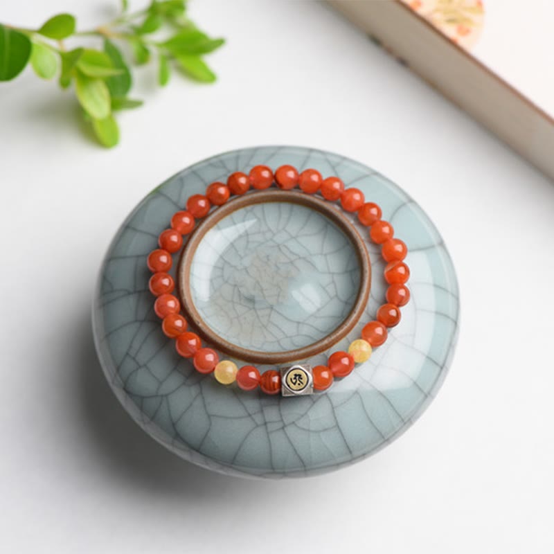 Mythstone 925 Sterling Silver Chinese Zodiac Natal Buddha Amulet Red Agate Amber Self-acceptance Bracelet