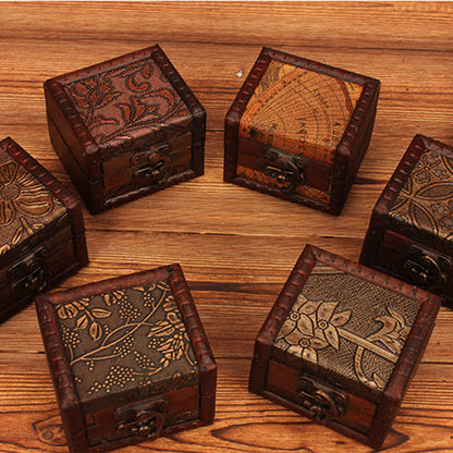 Mythstone Retro Small Square Wood Jewelry Box Lotus Grass Flower Grape Copper Coin Daffodil Jewelry Storage Box