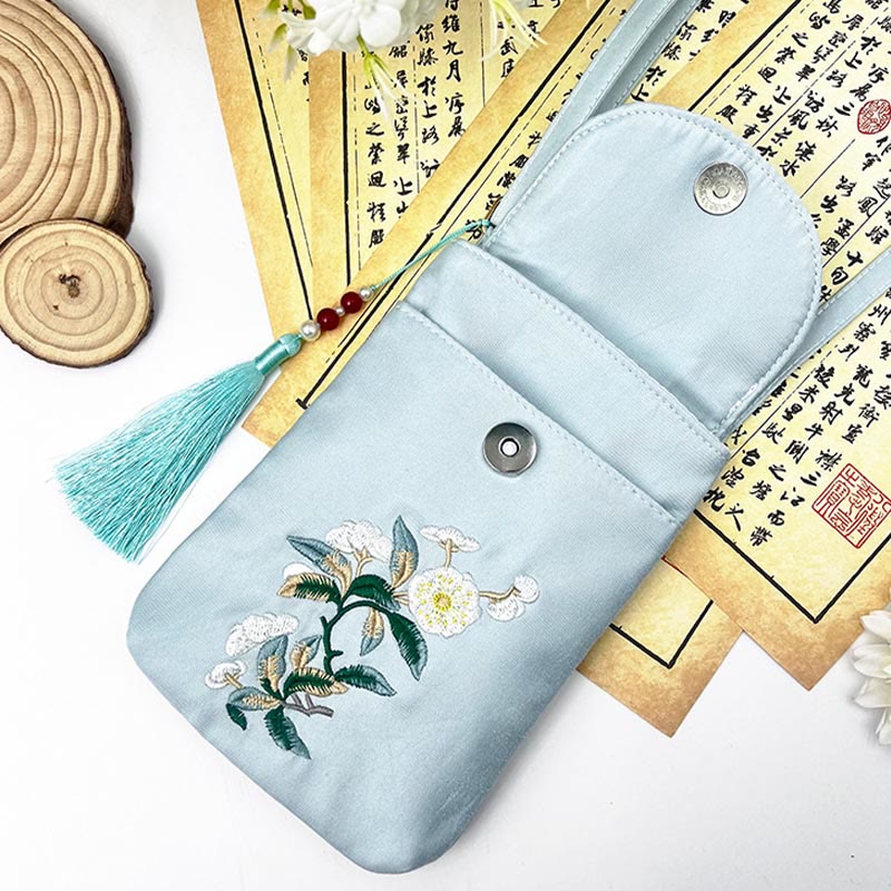 Mythstone Small Embroidered Flowers Crossbody Bag Shoulder Bag Double Layer Cellphone Bag