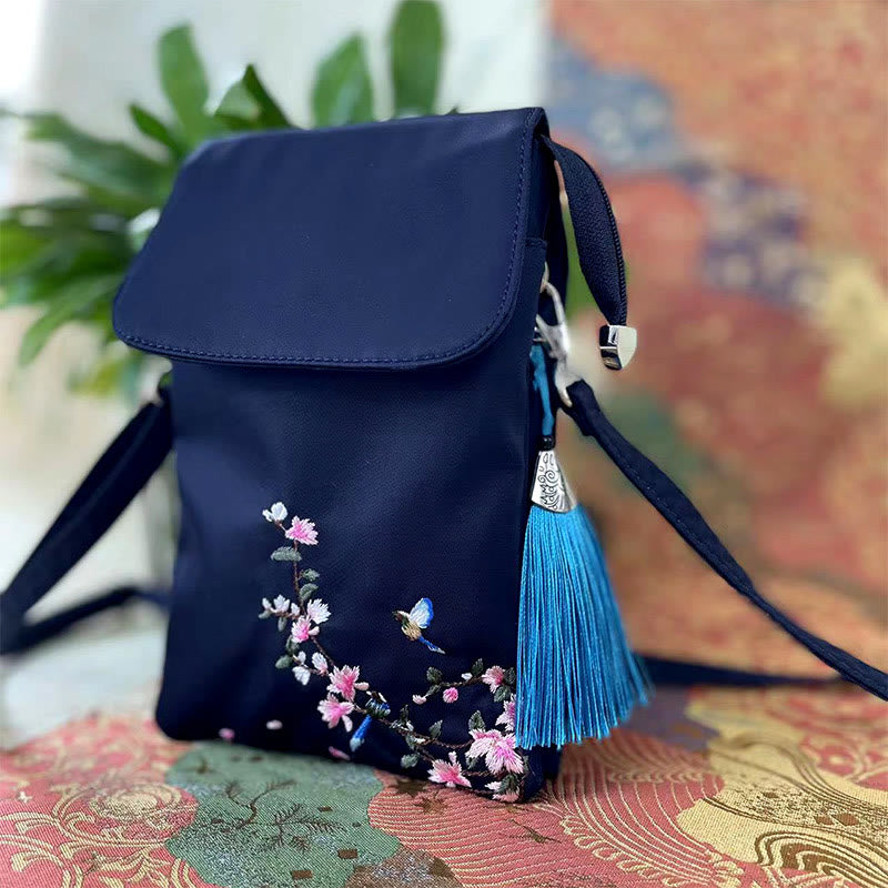 Mythstone Waterproof Handmade Embroidered Lotus Flowers Crossbody Bag Shoulder Bag Cellphone Bag