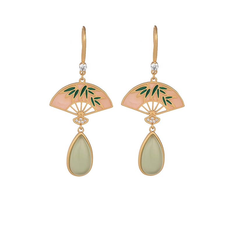 Mythstone Natural Green Aventurine Fan Pattern Luck Drop Earrings