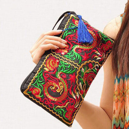 Mythstone Dragon Butterfly Cosmos Flower Embroidery Wallet Shopping Purse