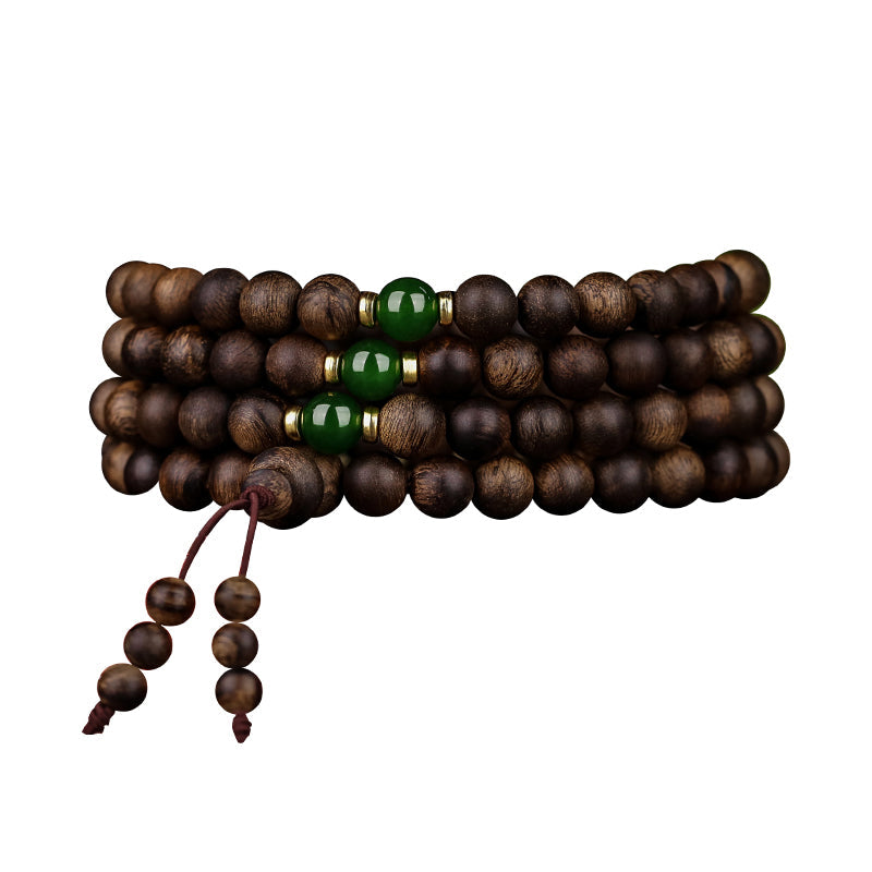 MythStone 108 Mala Beads Indonesia Tarakan Rare Agarwood Cyan Jade Ward Off Evil Spirits Bracelet