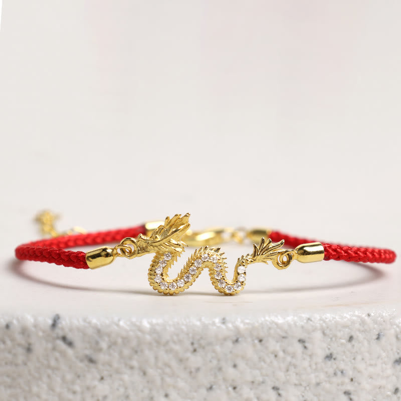 MythStone 925 Sterling Silver Year Of The Dragon Auspicious Golden Dragon Luck Red Rope Chain Bracelet