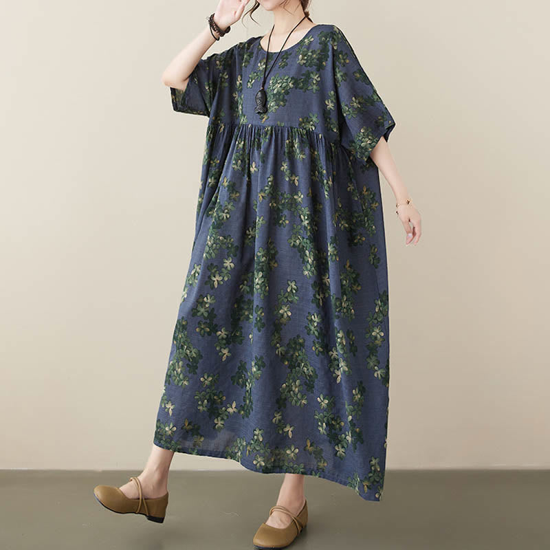 Mythstone Blue Brown Flowers Midi Dress Cotton Half Sleeve Tunic Dress With Pockets