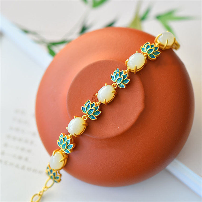 Mythstone White Jade Cyan Jade Lotus Protection Bracelet