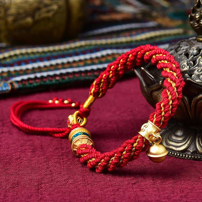 Mythstone Tibetan Handmade Luck Protection Thangka Prayer Wheel Bell Charm Braid String Bracelet