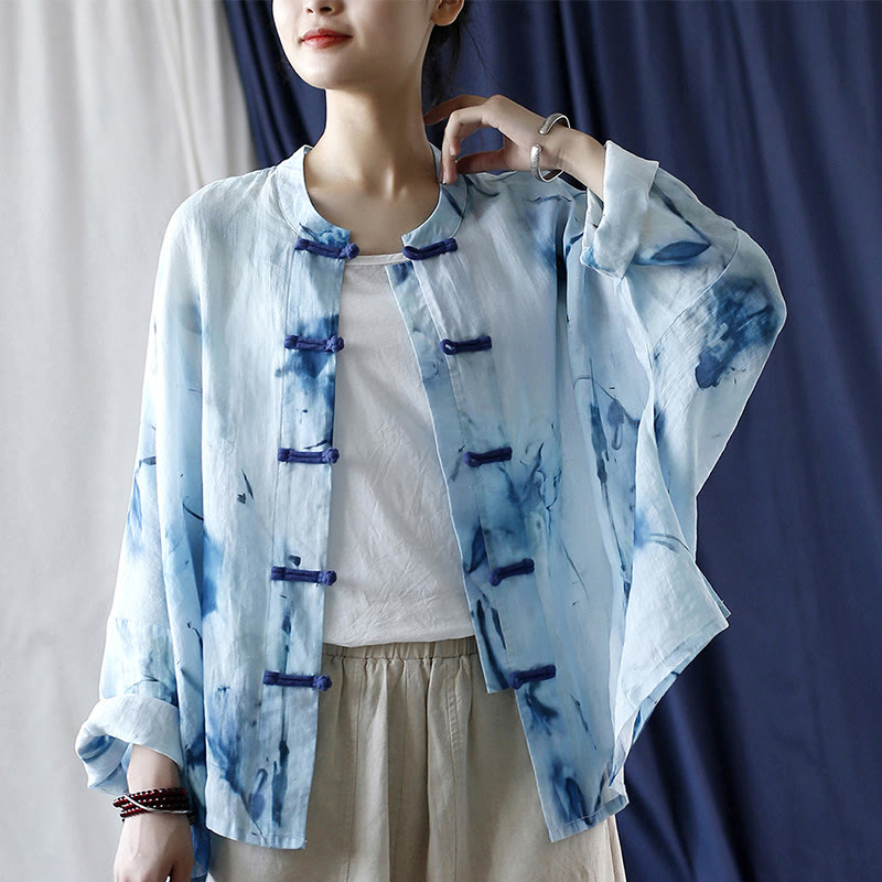 Mythstone Tie Dye Blue Flowers Frog-Button Design Long Sleeve Ramie Linen Jacket Shirt