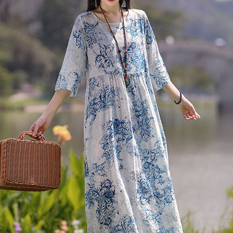 Mythstone Flowers Print Midi Dress Tunic Dress With Pockets