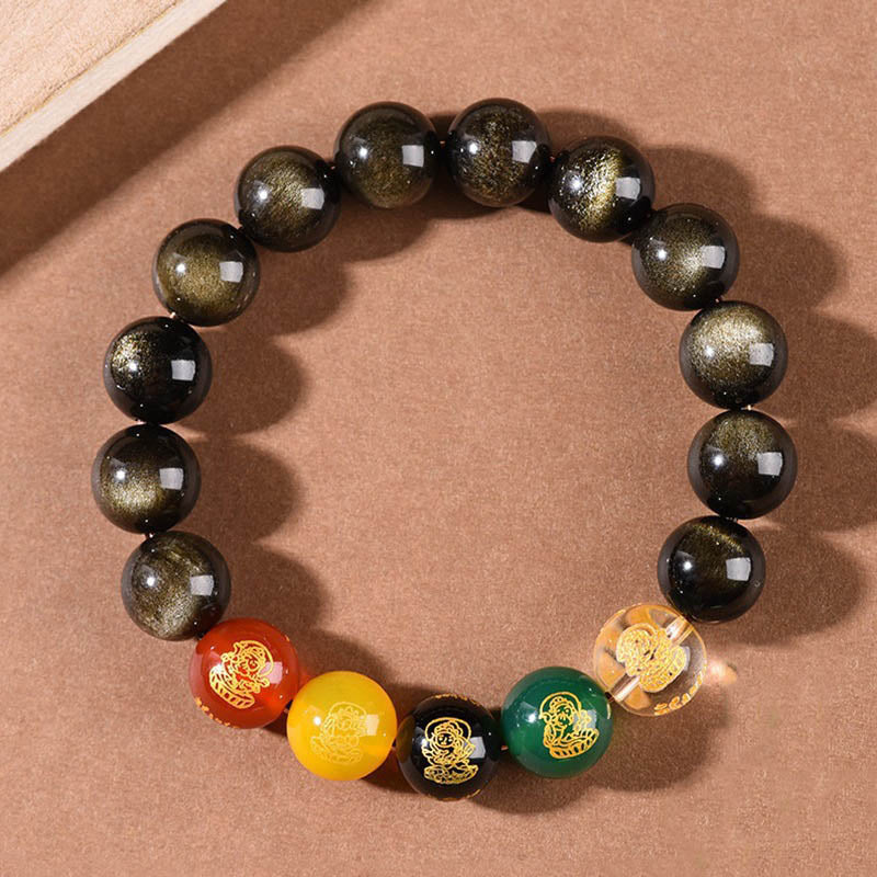 Mythstone Gold Sheen Obsidian Rainbow Obsidian Black Obsidian Five Directions Gods of Wealth Bracelet