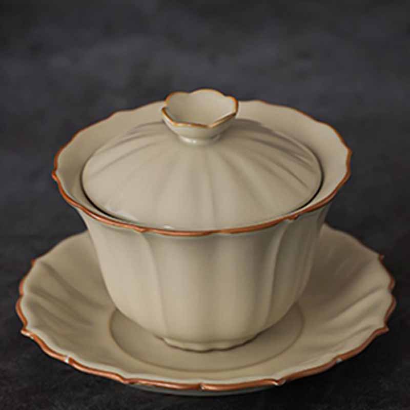 Mythstone Beige Plum Blossom Shape Peach Branch Ceramic Gaiwan Sancai Teacup Kung Fu Tea Cup With Lid