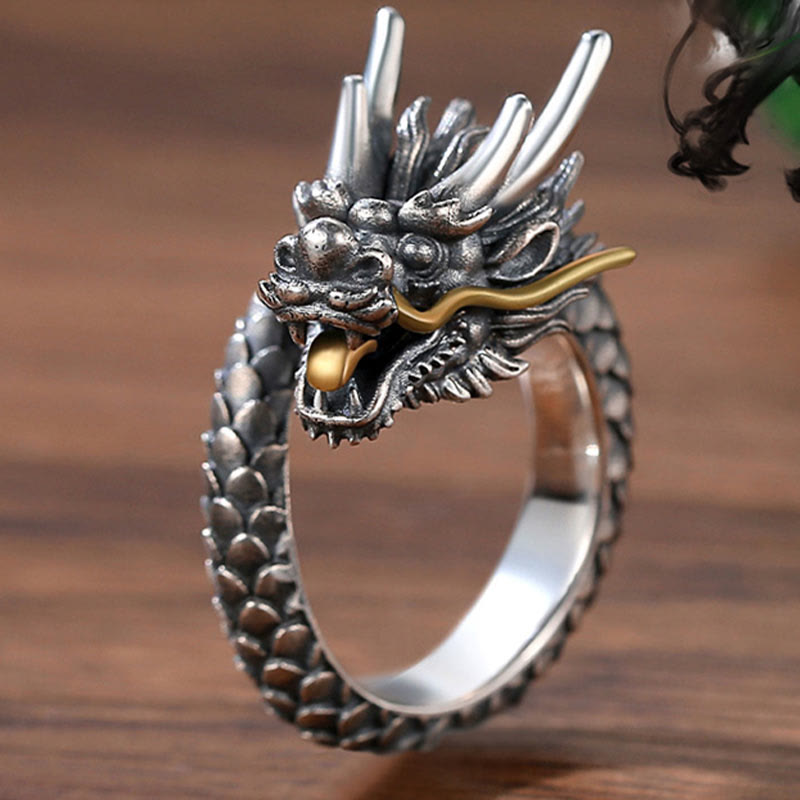 Mythstone 925 Sterling Silver Vintage Dragon Design Protection Strength Adjustable Ring