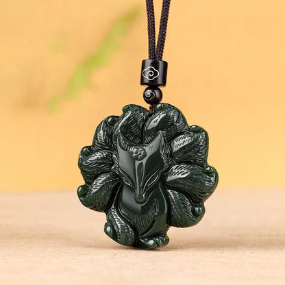 Mythstone Hetian Cyan Jade Nine Tailed Fox Luck Necklace String Pendant