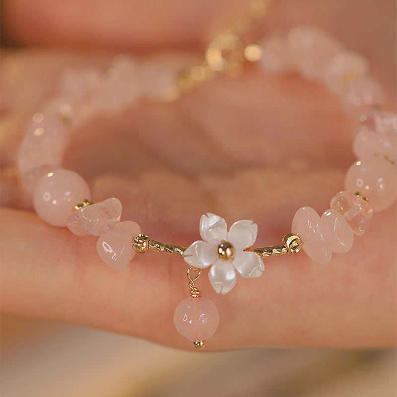 MythStone 14k Gold Plated Natural Pink Crystal Flower Love Bracelet