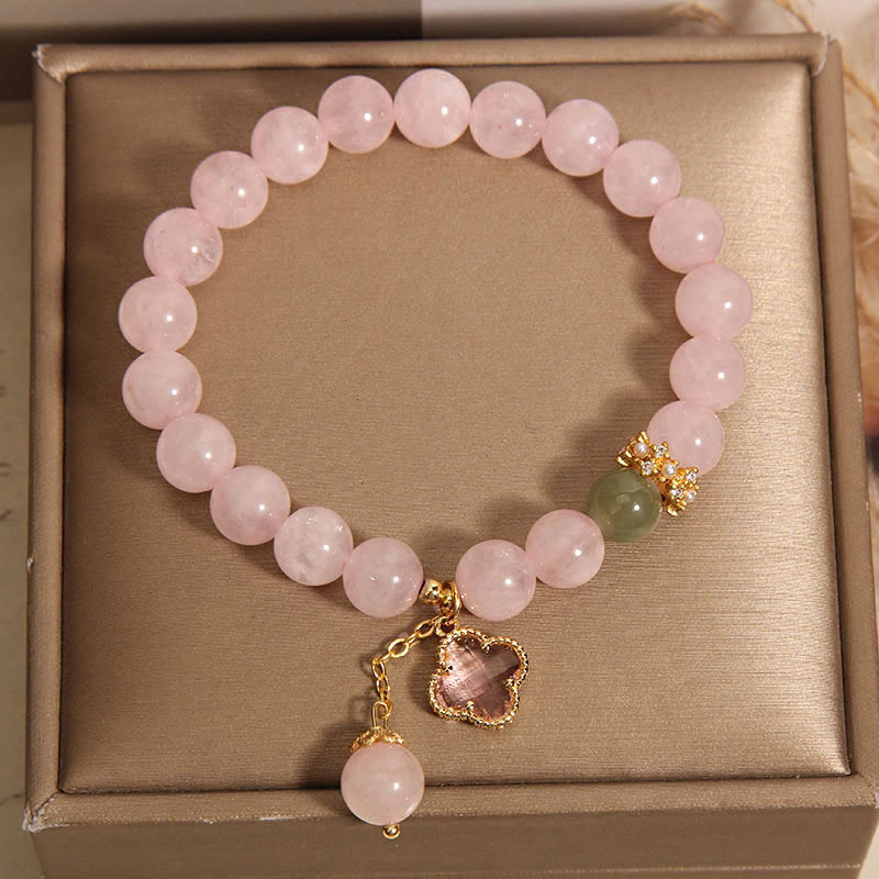 Mythstone Natural Pink Crystal Four Leaf Clover Soothing Bracelet