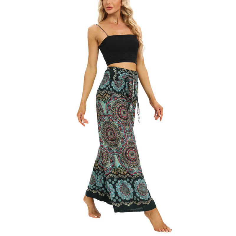 Mythstone Boho Mandala Print Lace-up Wide Leg Pants Women's Yoga Pants