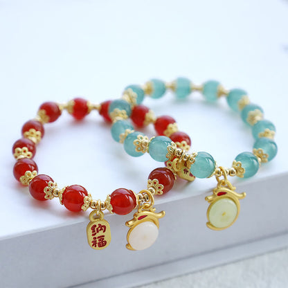 MythStone Year of the Dragon Red Agate Green Aventurine Peace Buckle Fu Character Lucky Fortune Bracelet