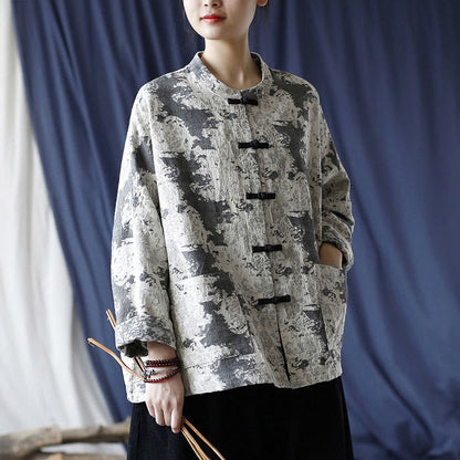 Mythstone Black Gray Print Frog-button Design Long Sleeve Cotton Linen Jacket Shirt With Pockets