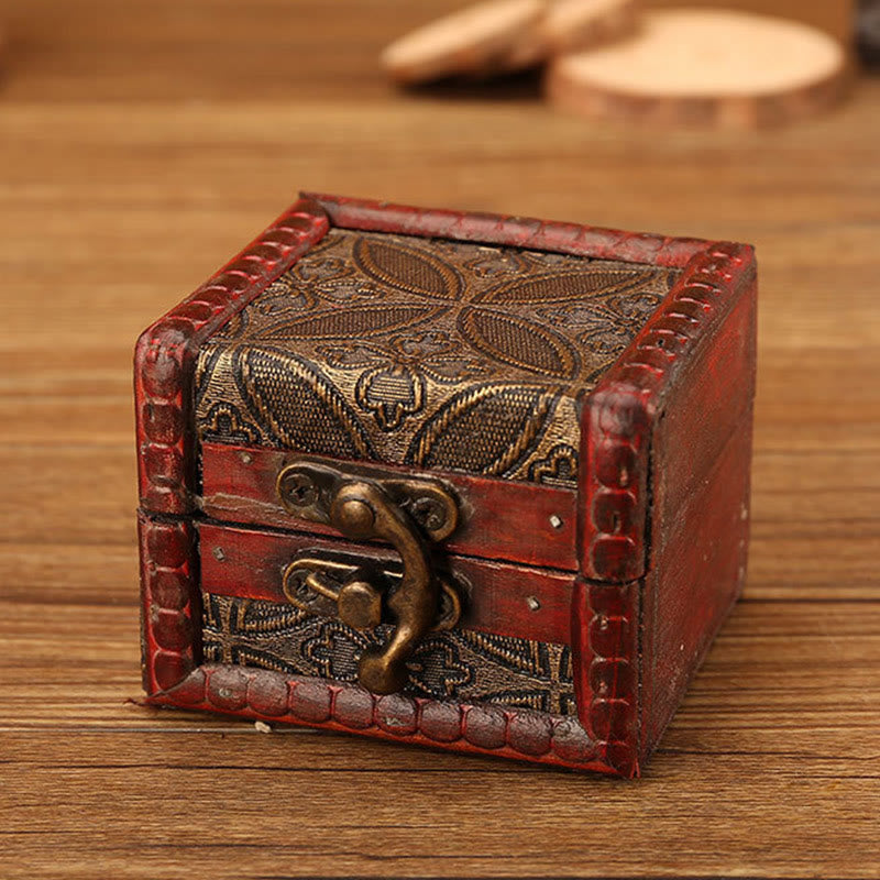 Mythstone Retro Small Square Wood Jewelry Box Lotus Grass Flower Grape Copper Coin Daffodil Jewelry Storage Box