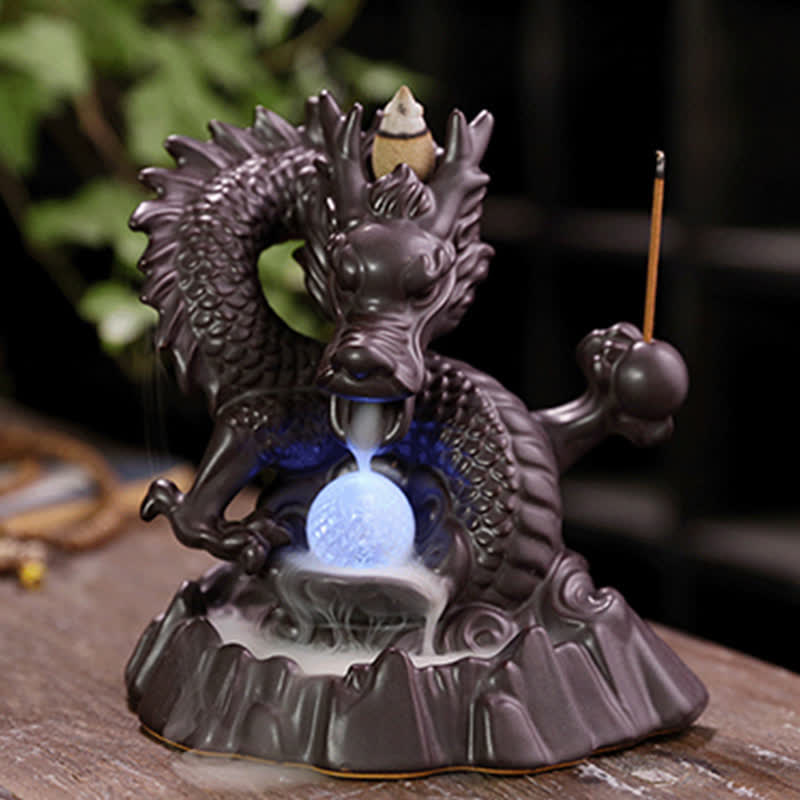 Mythstone Auspicious Dragon Ceramic Backflow Smoke Fountain Meditation Healing Incense Burner Led Ball Decoration