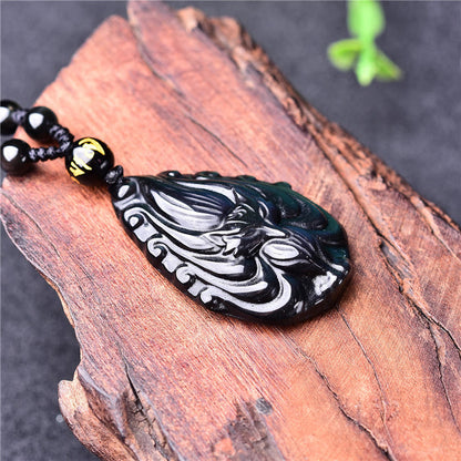 Mythstone Natural Rainbow Obsidian Nine Tailed Fox Inner Peace Necklace Beaded String Pendant