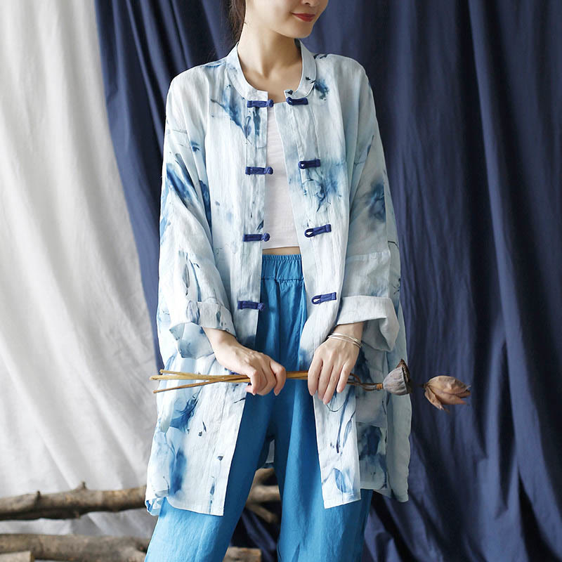 Mythstone Blue White Ink Printing Frog-button Design Long Sleeve Ramie Linen Jacket Shirt With Pockets