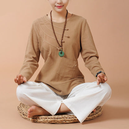 Mythstone 2Pcs Long Sleeve T-Shirt Tee Pants Meditation Zen Tai Chi Linen Clothing Women's Set