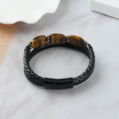 Mythstone Natural Tiger Eye Protection Willpower Magnetic Buckle Leather Bracelet