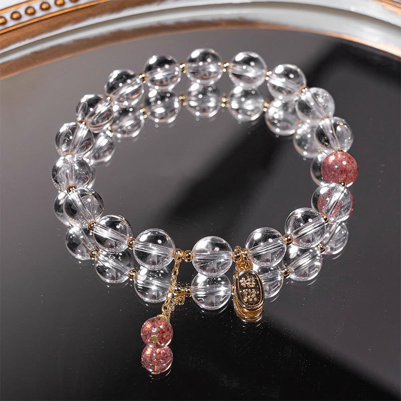 Mythstone White Crystal Strawberry Quartz Healing Attract Fortune Charm Bracelet