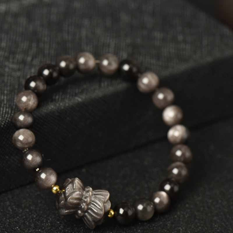 Mythstone Silver Sheen Obsidian Lotus Flower Nine Tailed Fox Laughing Buddha Protection Bracelet