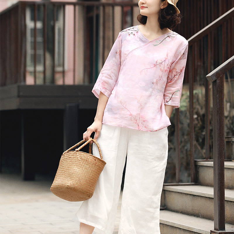 Mythstone V-Neck Pink Flower Pattern Ramie Linen Blouse Three Quarter Sleeve Shirt Top