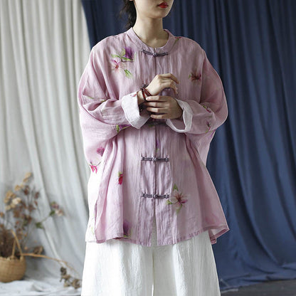 Mythstone Pink Flower Print Frog-button Design Batwing Long Sleeve Ramie Linen Jacket Shirt