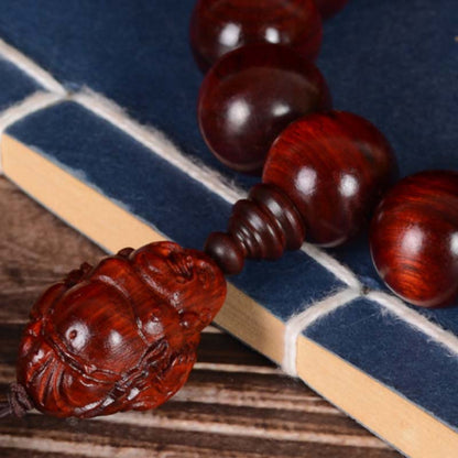 Mythstone Small Leaf Red Sandalwood Laughing Buddha God of Wealth Protection Bracelet